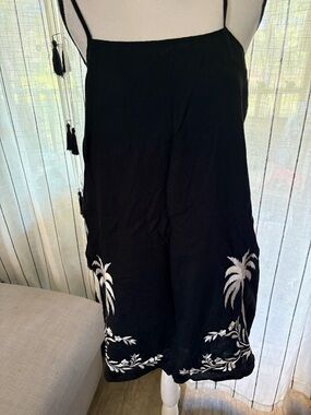Calypso St. Barth Black Mini Dress with White Palm Embroidery